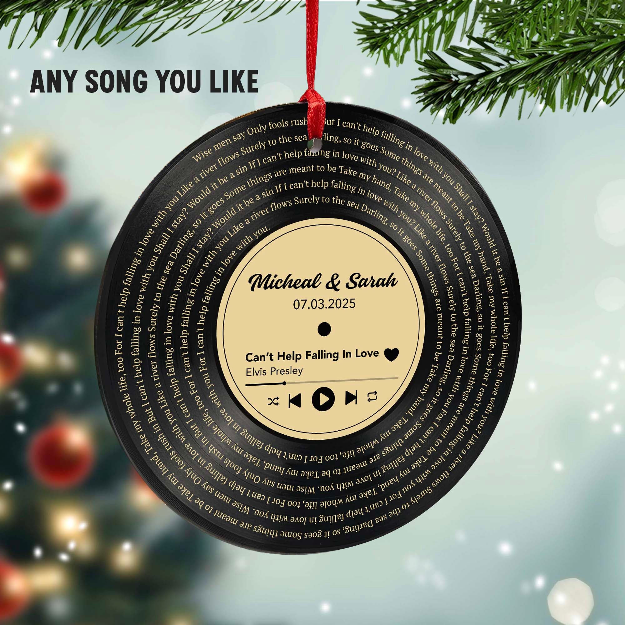 Personalized Music Playing Ornament with Vinyl Record Design