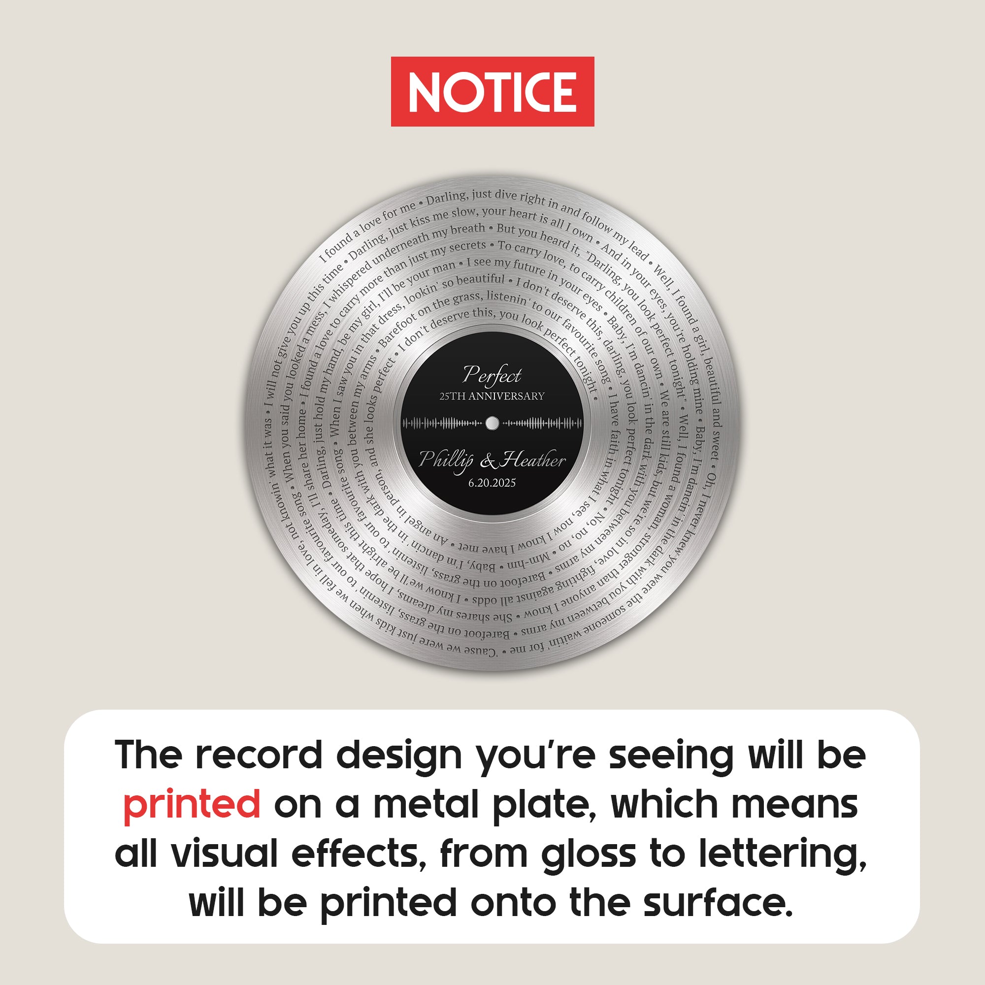 Custom Song Lyrics Aluminium Record With Scan To Play Feature