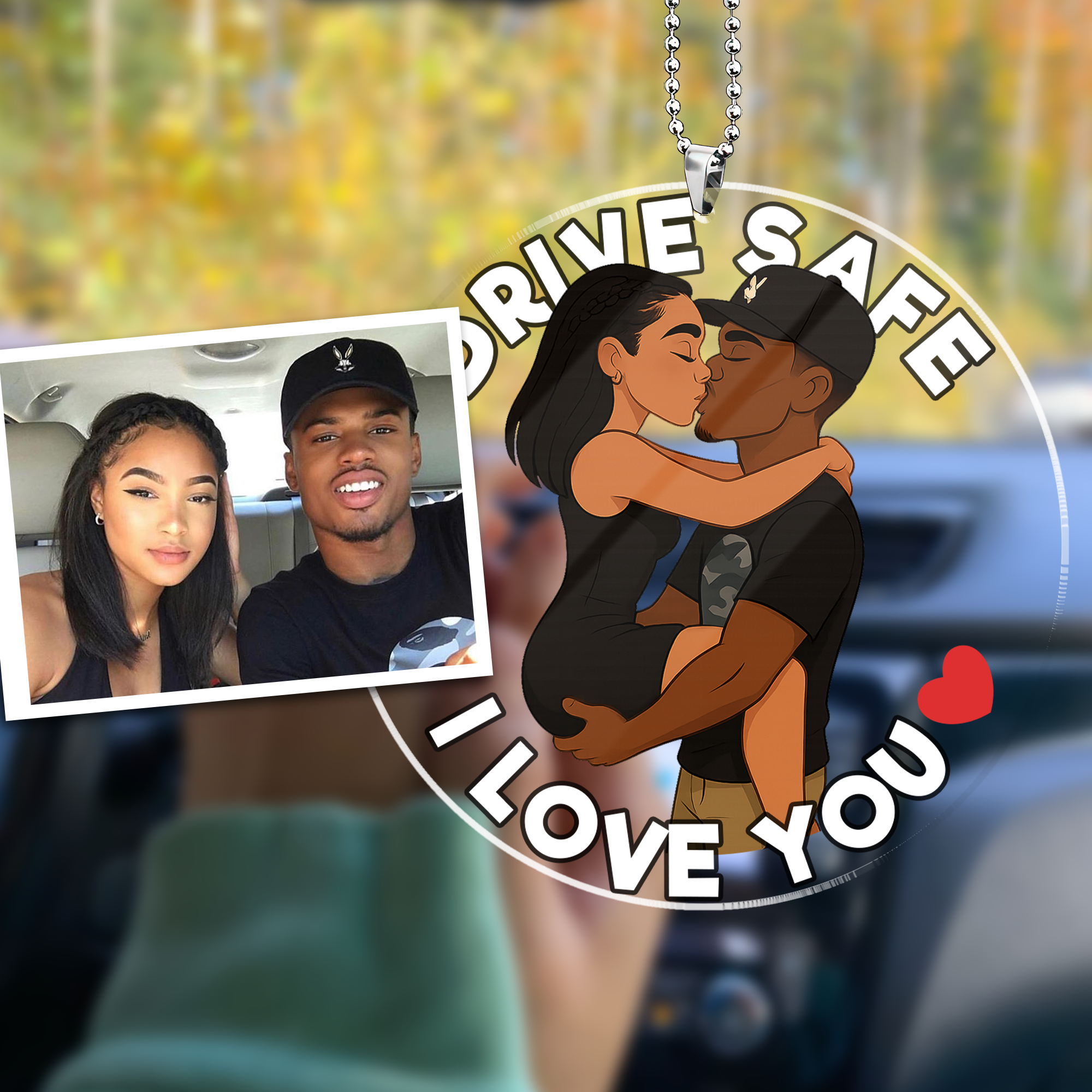 Custom-Drawn Couple Car Ornament