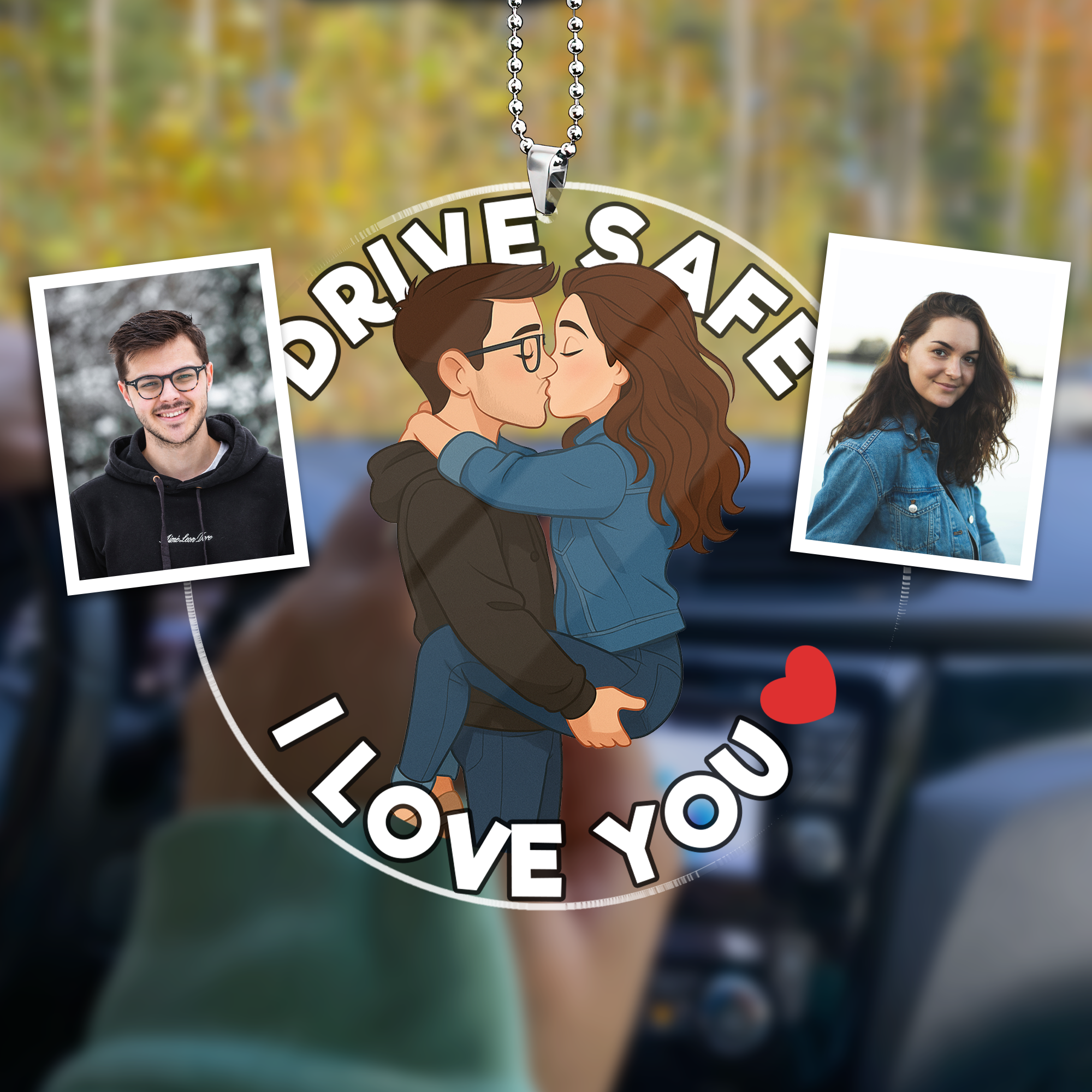 Custom-Drawn Couple Car Ornament