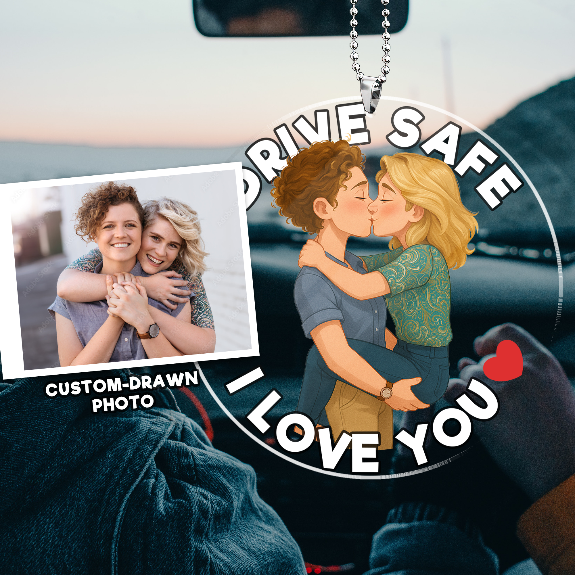 Custom-Drawn Couple Car Ornament