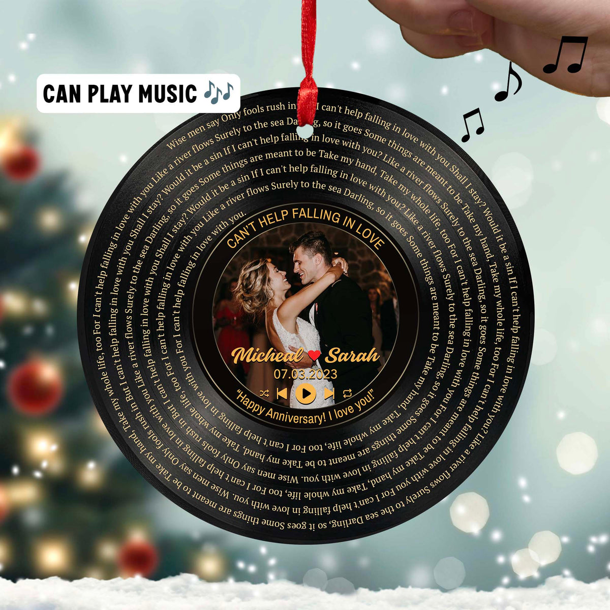 Personalized Music Playing Ornament with Vinyl Record Design