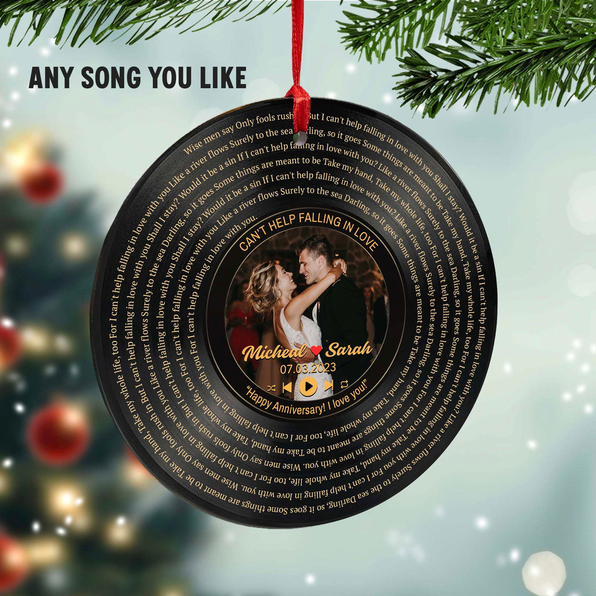 Personalized Music Playing Ornament with Vinyl Record Design