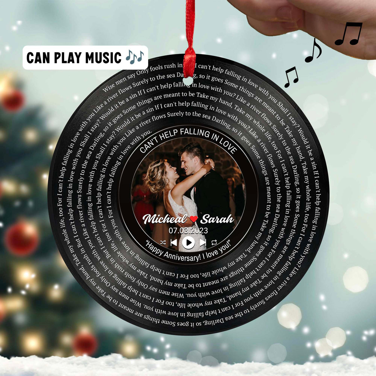 Personalized Music Playing Ornament with Vinyl Record Design