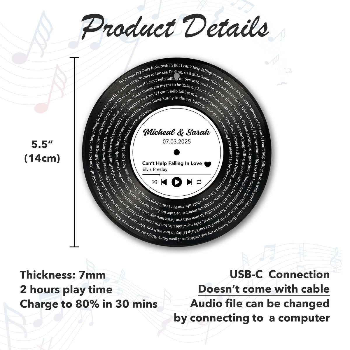 Personalized Music Playing Ornament with Vinyl Record Design