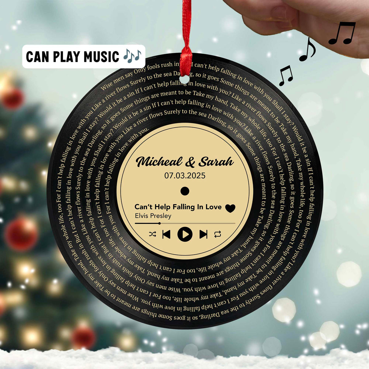 Personalized Music Playing Ornament with Vinyl Record Design