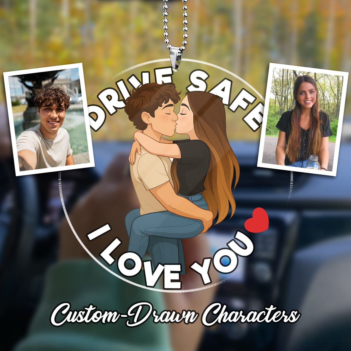 Custom-Drawn Couple Car Ornament